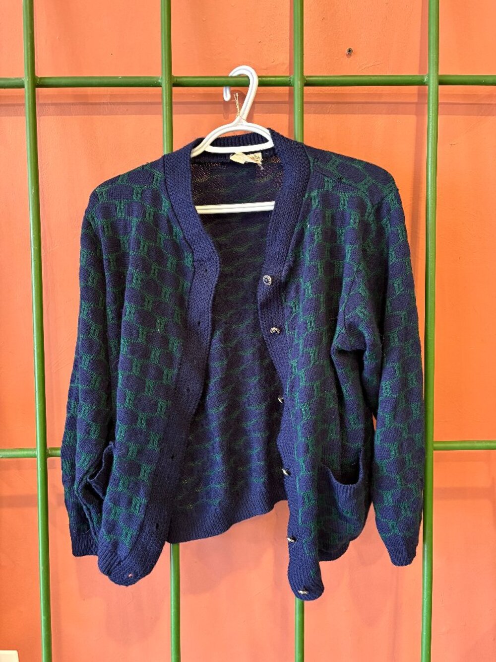 Vintage TriCots Knit Cardigan in Green and Navy with Buttons